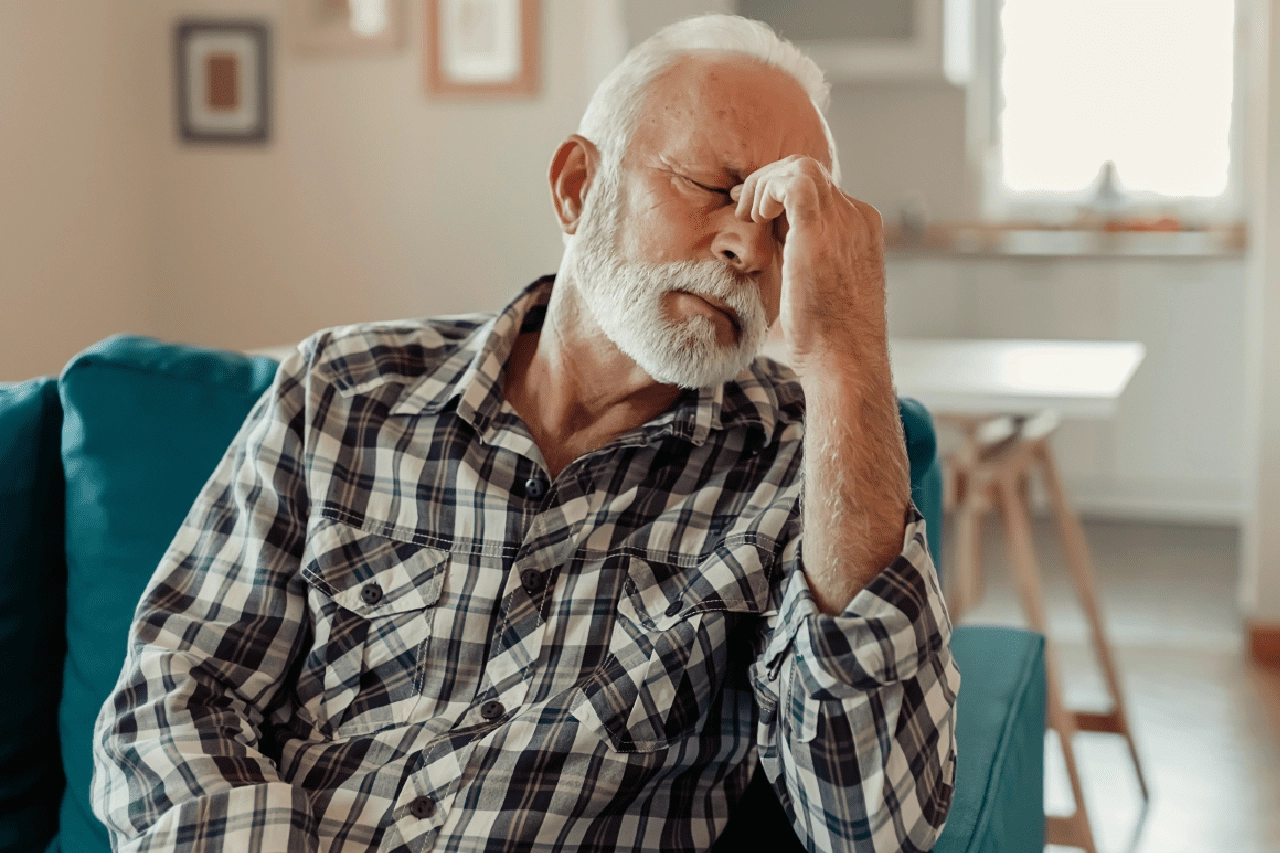 Изображение мужчины-гипертоника страдающего от головных болей в жару
