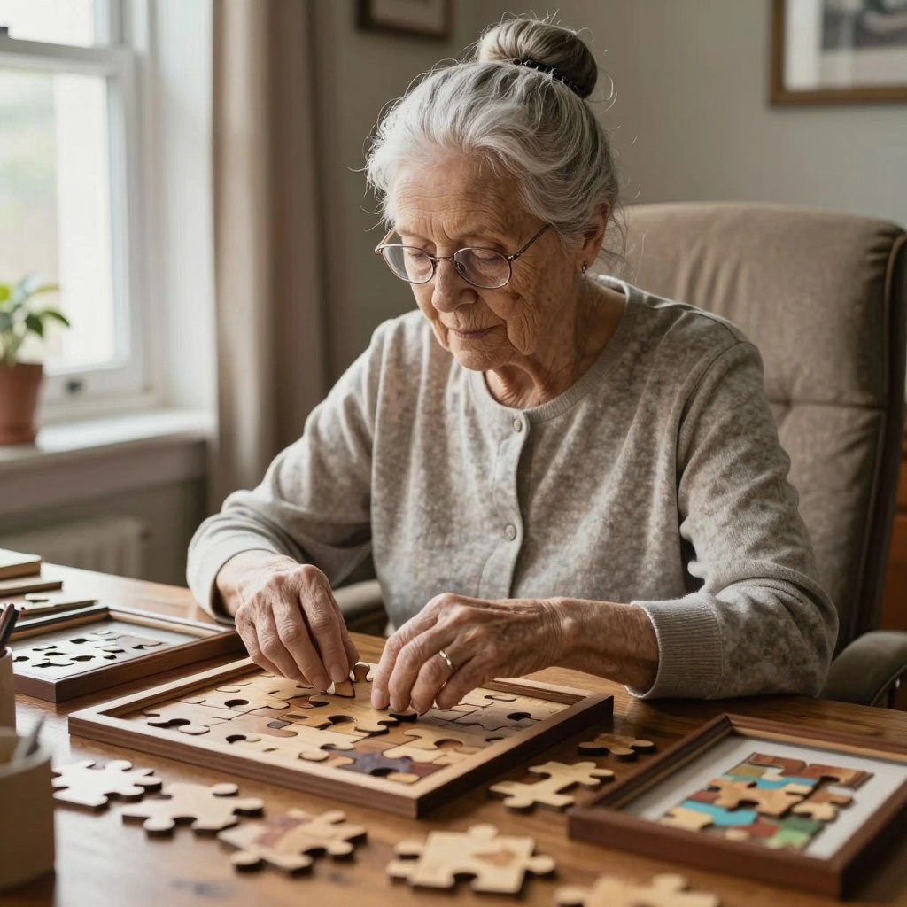 Фото женщины, которая собирает пазл