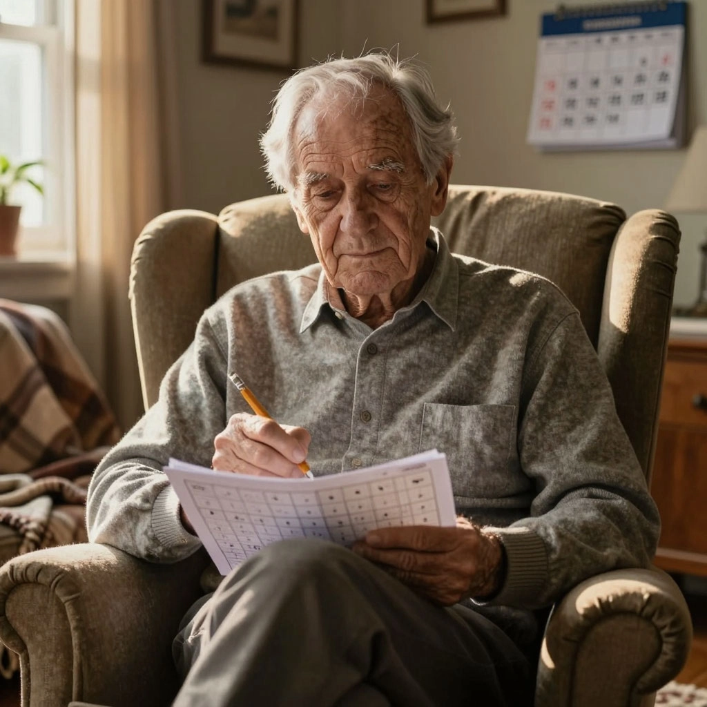 Мужчина сидит и решает кроссворд