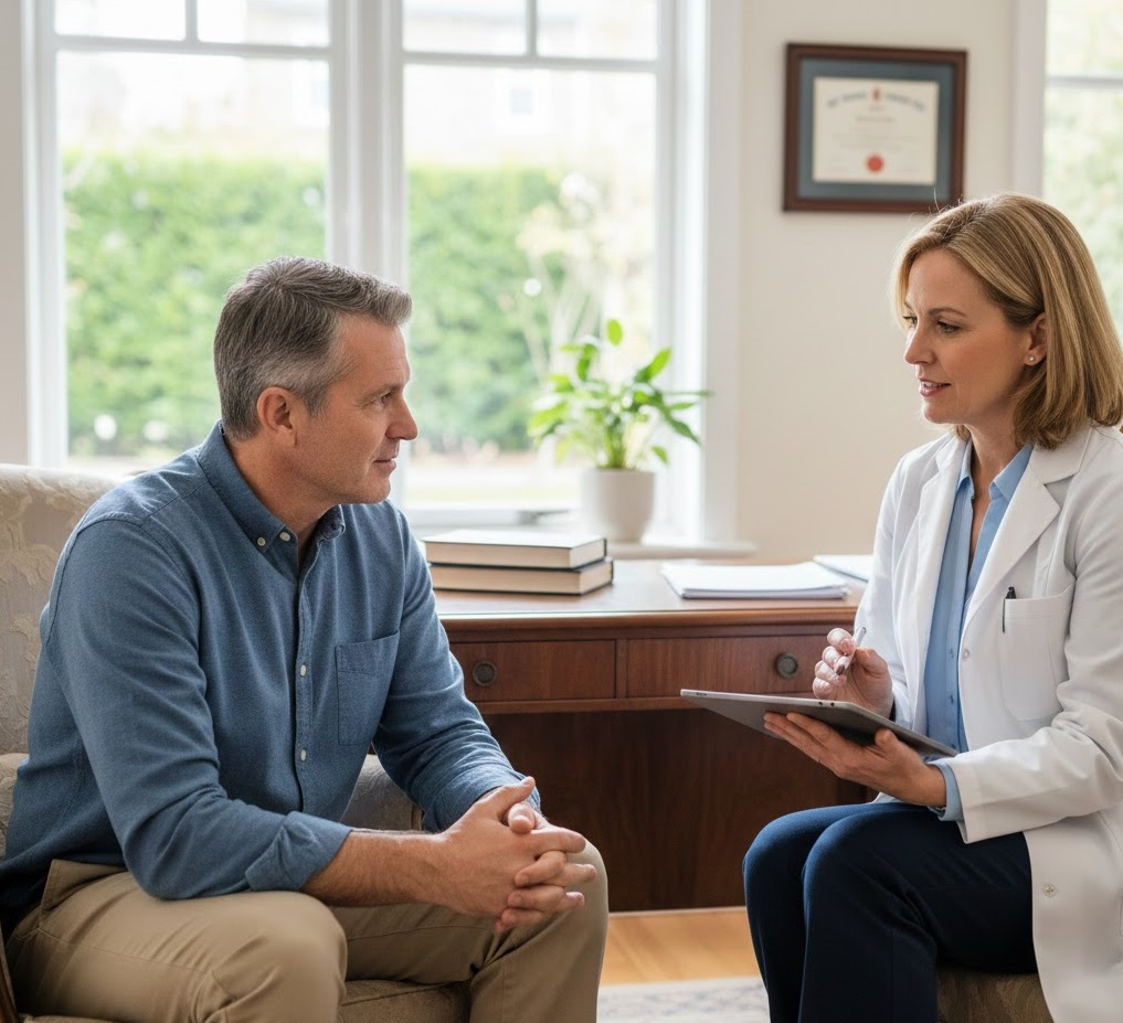 Мужчина сидит на приёме у врача